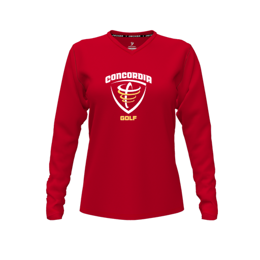 [CUS-DFW-TEES-CMF-VNK-LSL-RED-FYXS-LOGO1] Decker Comfort T-Shirt (Female Youth XS, Red, V Neck, Long Sleeve)
